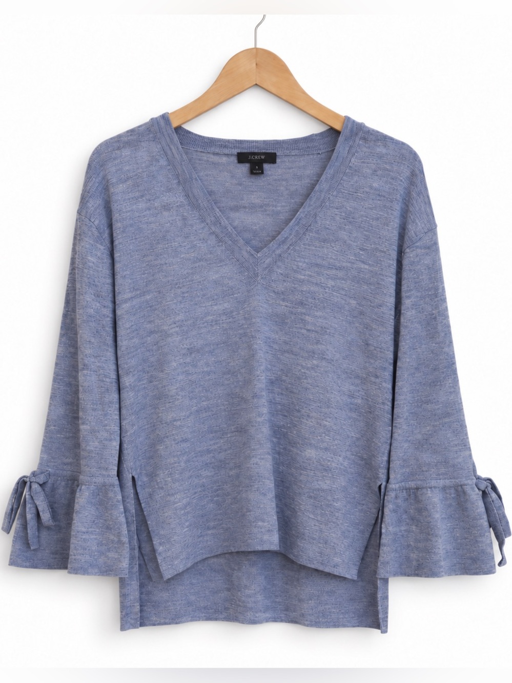 J Crew Lavender Lilac 100% Merino Wool Knit Hi Lo Bell Tie Cuff V Neck Sweater S
